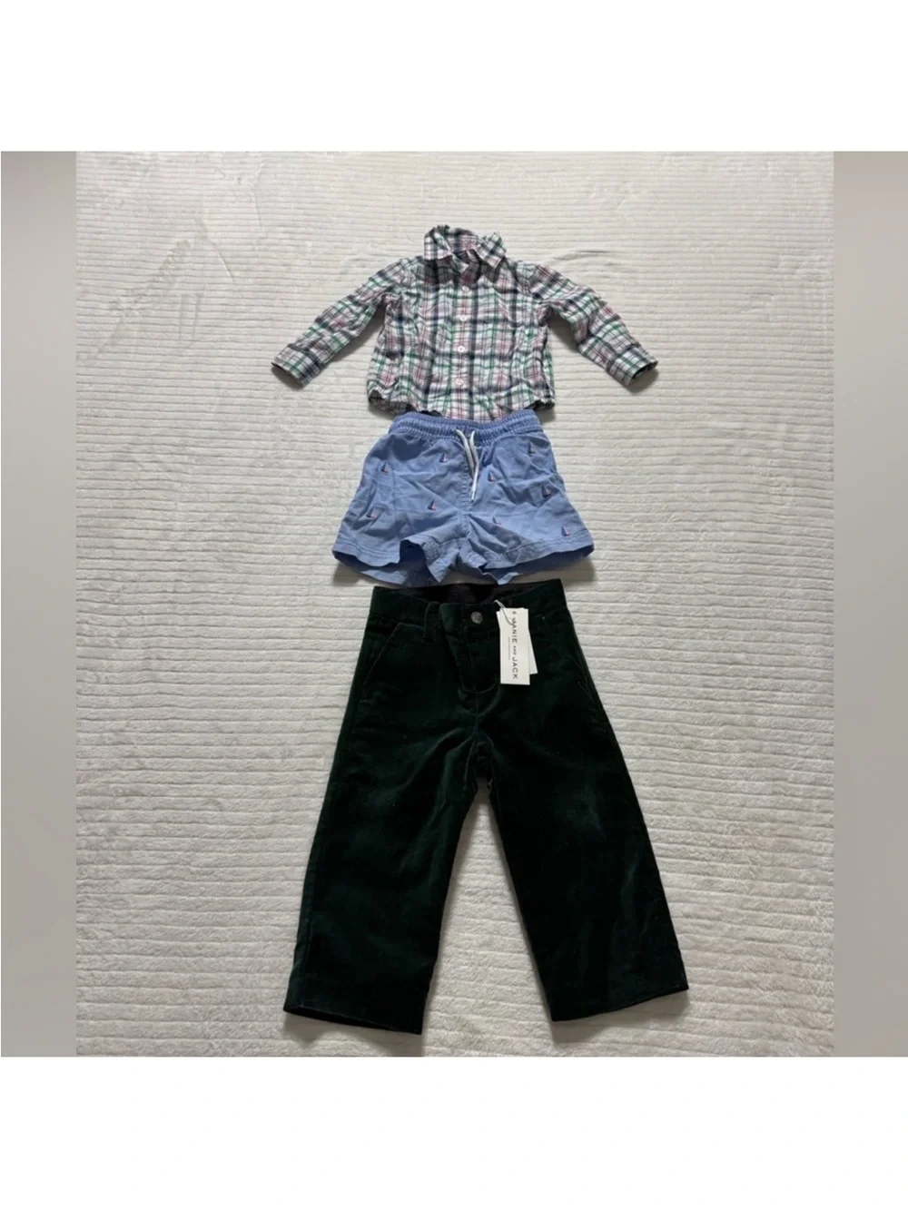 Janie and Jack Green Corduroy Pants with Blue Shorts and Plaid Shirt